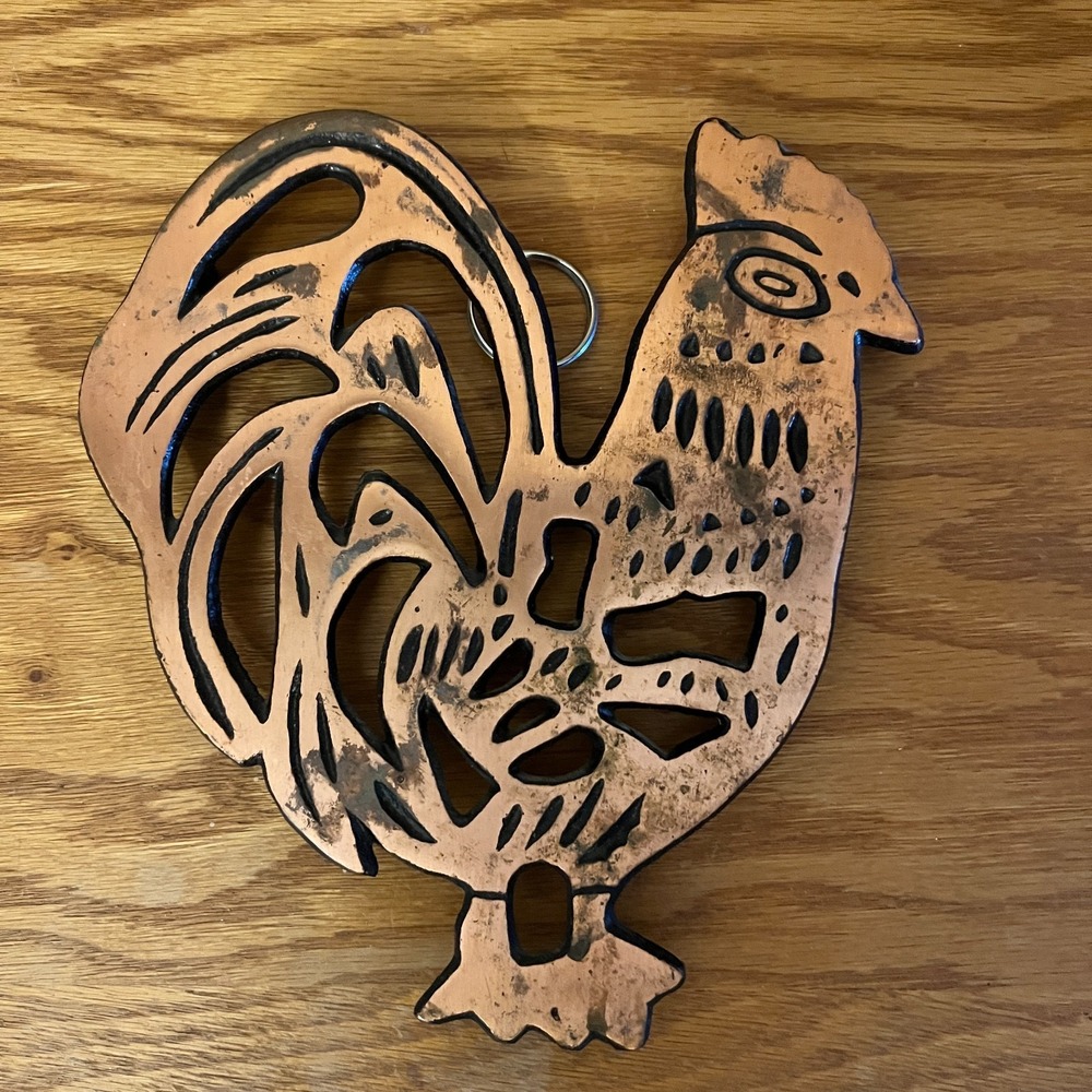 VTG Cast Iron Rooster Trivet Copper Finish Wall Hanging Farmhouse Kitchen Decor